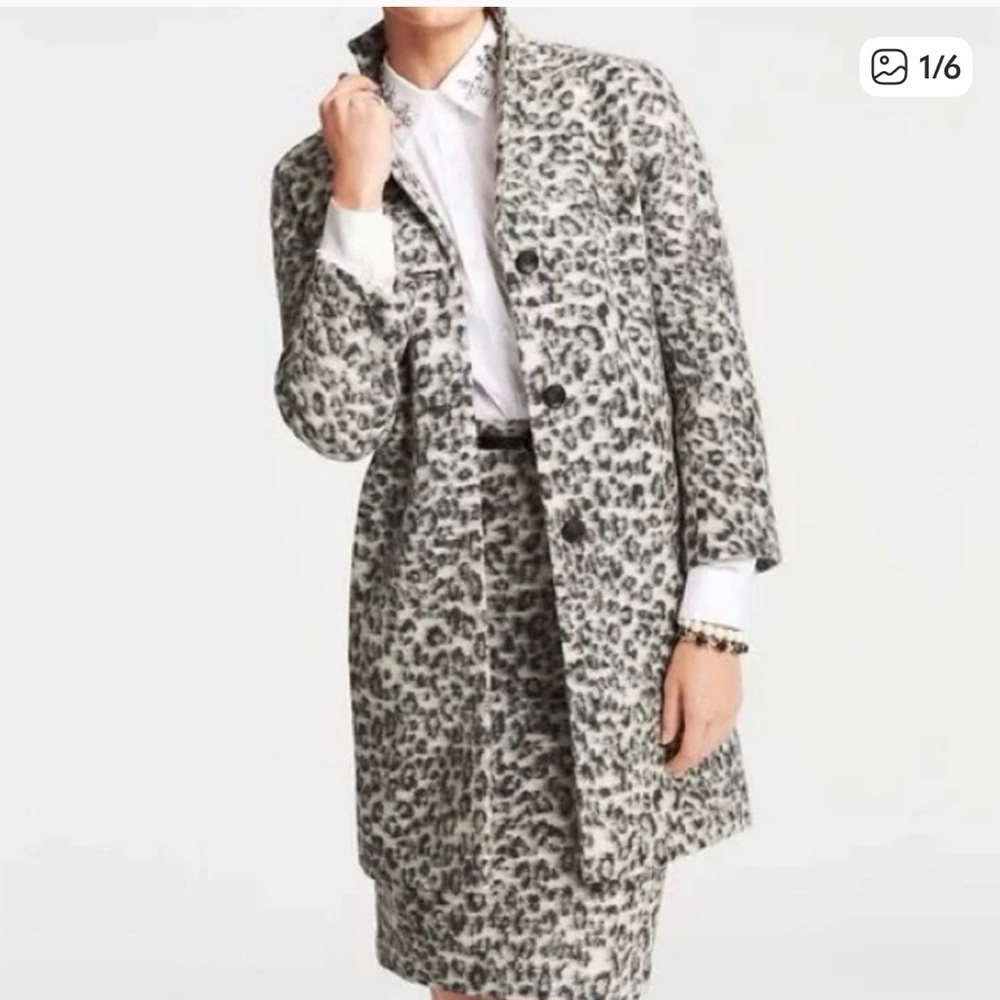Ann Taylor Leopard Print 3/4 Sleeve Wool Blend Pea Coat XS Black White